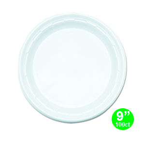 9" WHITE  PLASTIC PLATE   4/100 ct